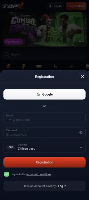 Web móvil de TopX, registro con correo o Google y saldo en pesos