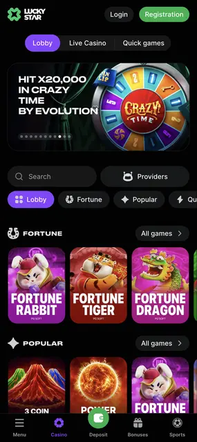 Portada del casino con Fortune Rabbit, Fortune Tiger y Fortune Dragon en el sitio de Lucky Star